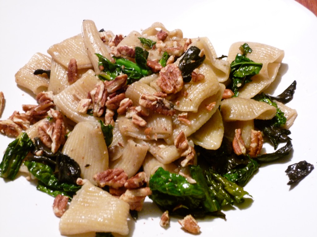 Pasta with black trumpets and kale