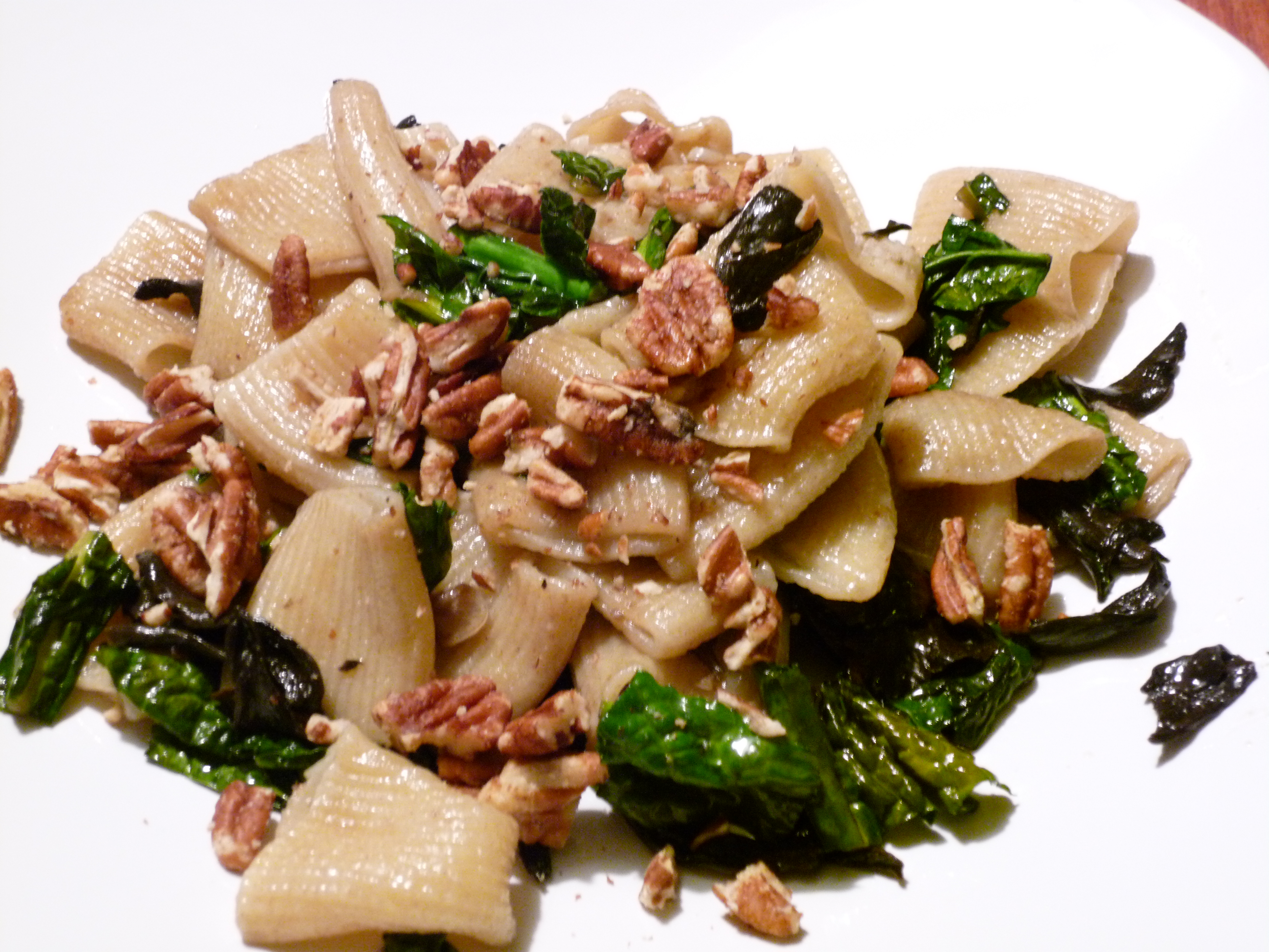 Pasta with black trumpets and kale