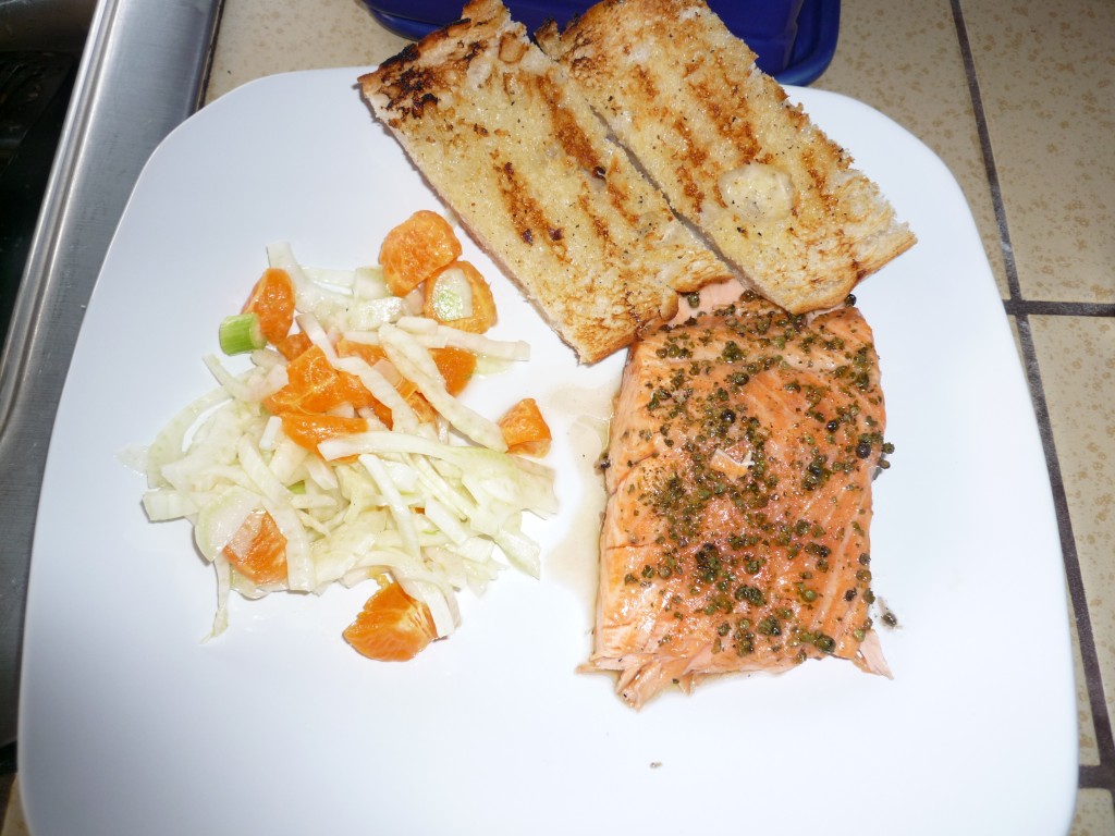 BBQd Trout, Fennel and Orange Salad, Garlic Bread