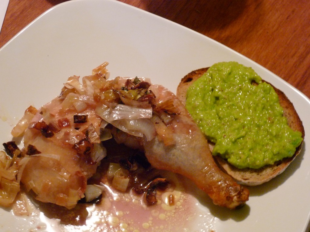 Roast Chicken and Leeks with Fava Bean Puree Bruschetta