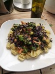 Pasta with grilled veggies, salmon and basil