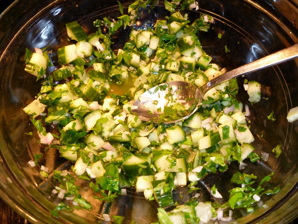 Prepping for the quinoa salad