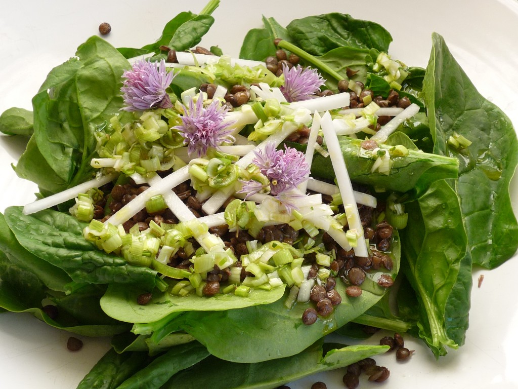 Spinach Salad with Lentils and Green Garlic Dressing