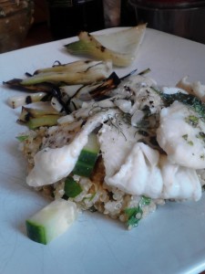 Petrale Sole en papillote, quinoa salad, grilled fennel and onion