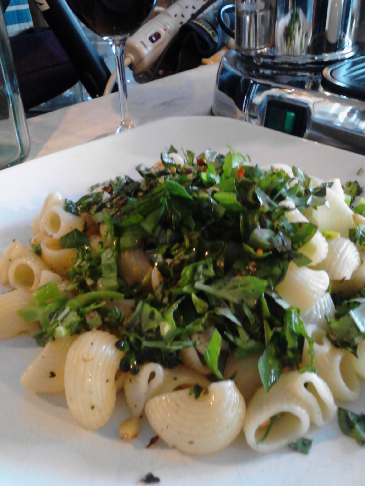 Pasta with broccolini, pine nuts, garlic, basil