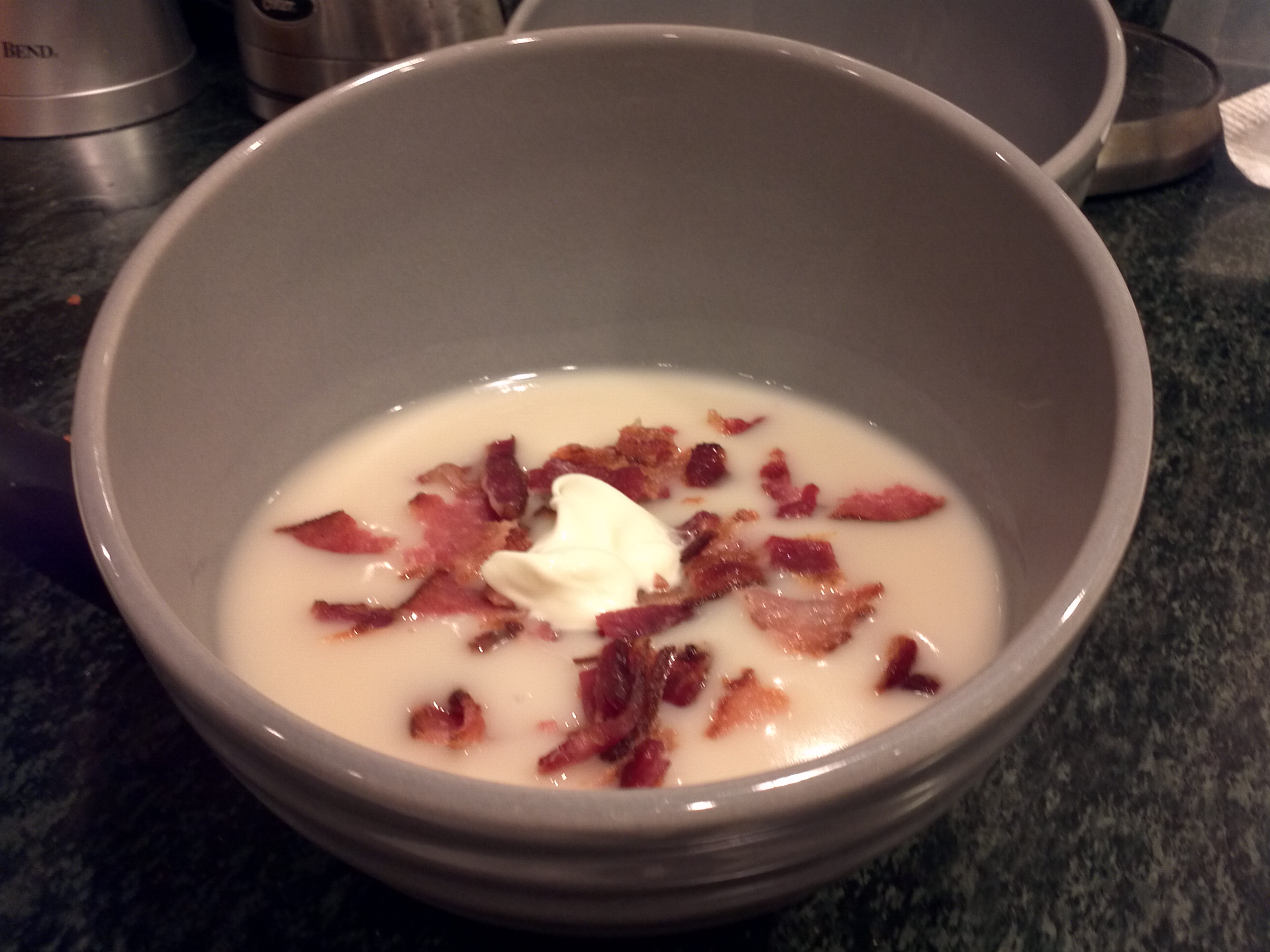 Potato soup with bacon and creme fraiche