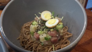 Spicy soba noodles with mixed fish crudo